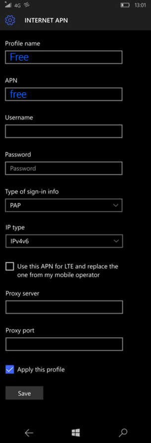 configuration APN Free Mobile Microsoft Lumia 535